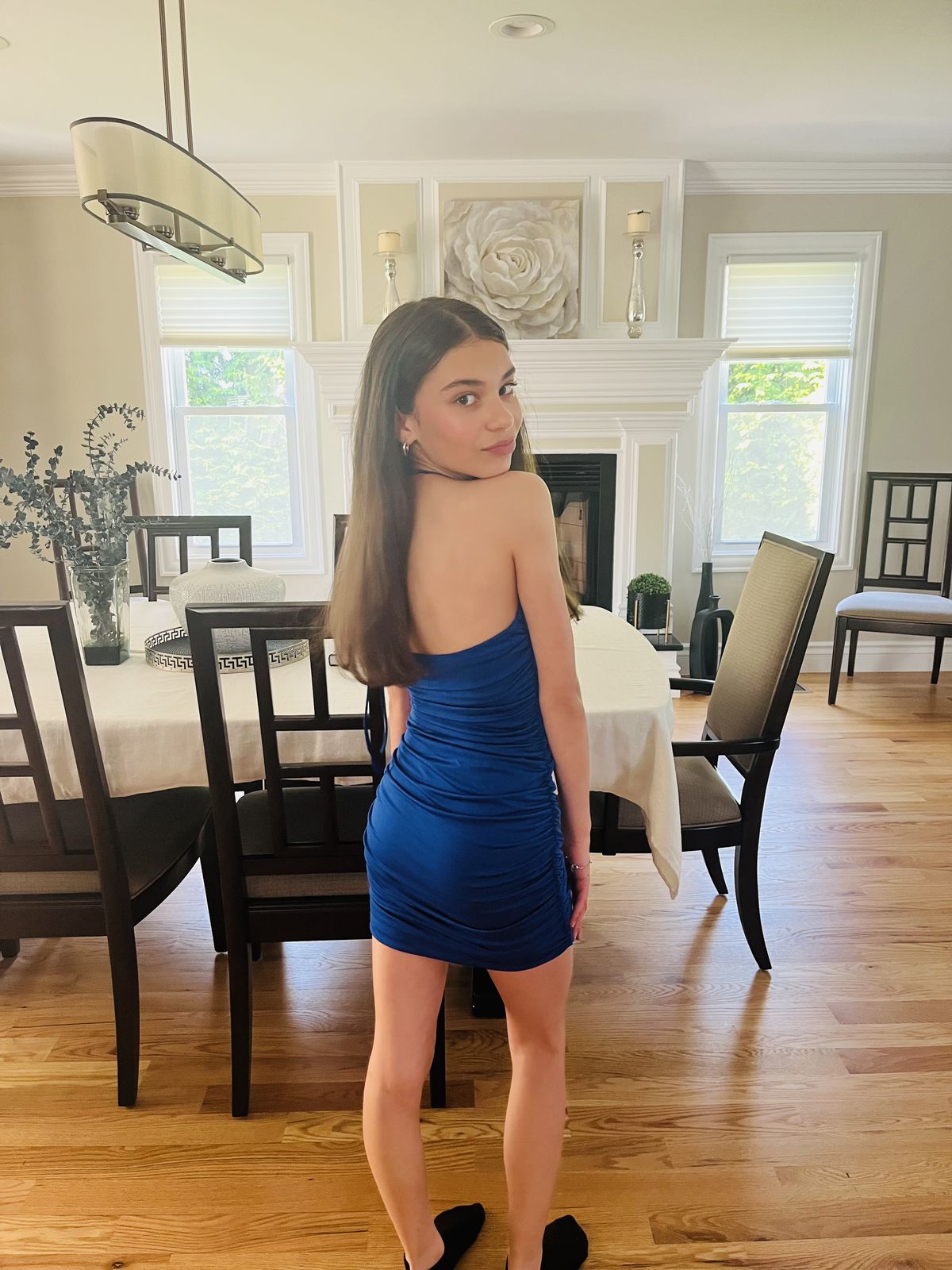 Simple Blue Halterneck Slim-fit Hip-wrapped Pleated Stretch 17th Birthday Homecoming Dress cc4623