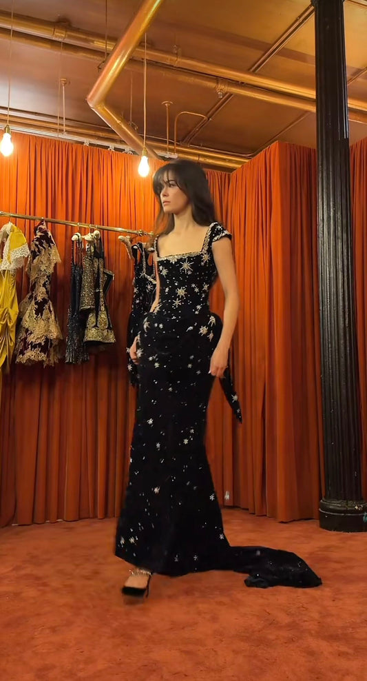 Elegant Black Mermaid Square Neck Spaghetti Strap Star Velvet Train Prom Dress Evening Dress cc5425