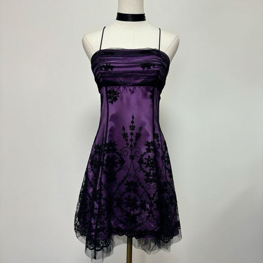 Retro Purple Bottom With Black Pattern Lace And Satin A-line Birthday Party Homecoming Dress cc4627