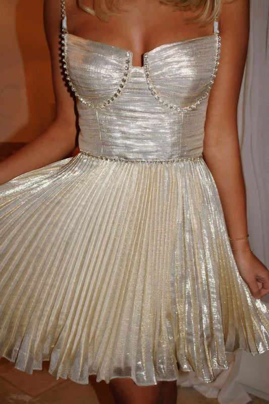 Shining Gold Thin Straps Glitter Waist Pleated Short Birthday Dress Homecoming Dress cc4628