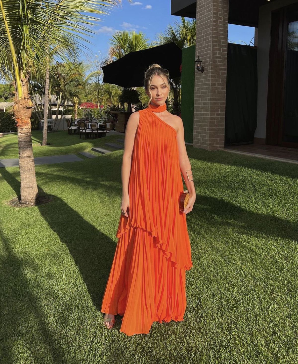 Fashion Bright Orange Irregular Pleated One-shoulder Halter Neck Chiffon Long Prom Dress Evening Dress cc4763