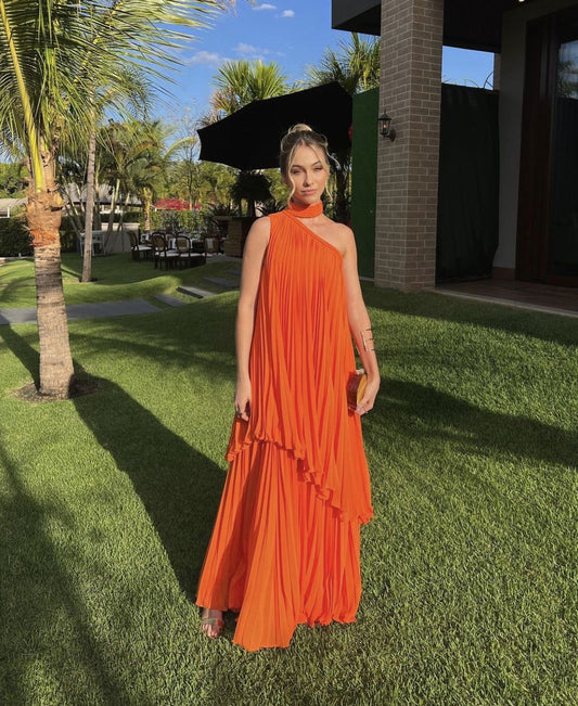 Fashion Bright Orange Irregular Pleated One-shoulder Halter Neck Chiffon Long Prom Dress Evening Dress cc4763