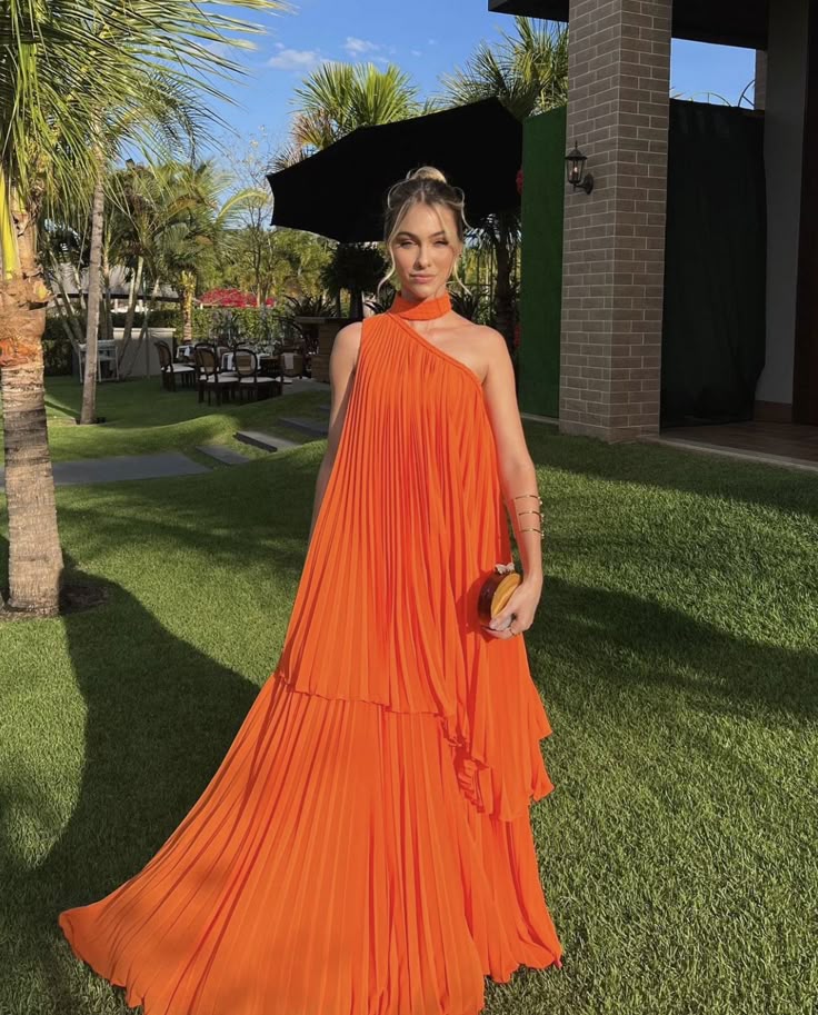 Fashion Bright Orange Irregular Pleated One-shoulder Halter Neck Chiffon Long Prom Dress Evening Dress cc4763