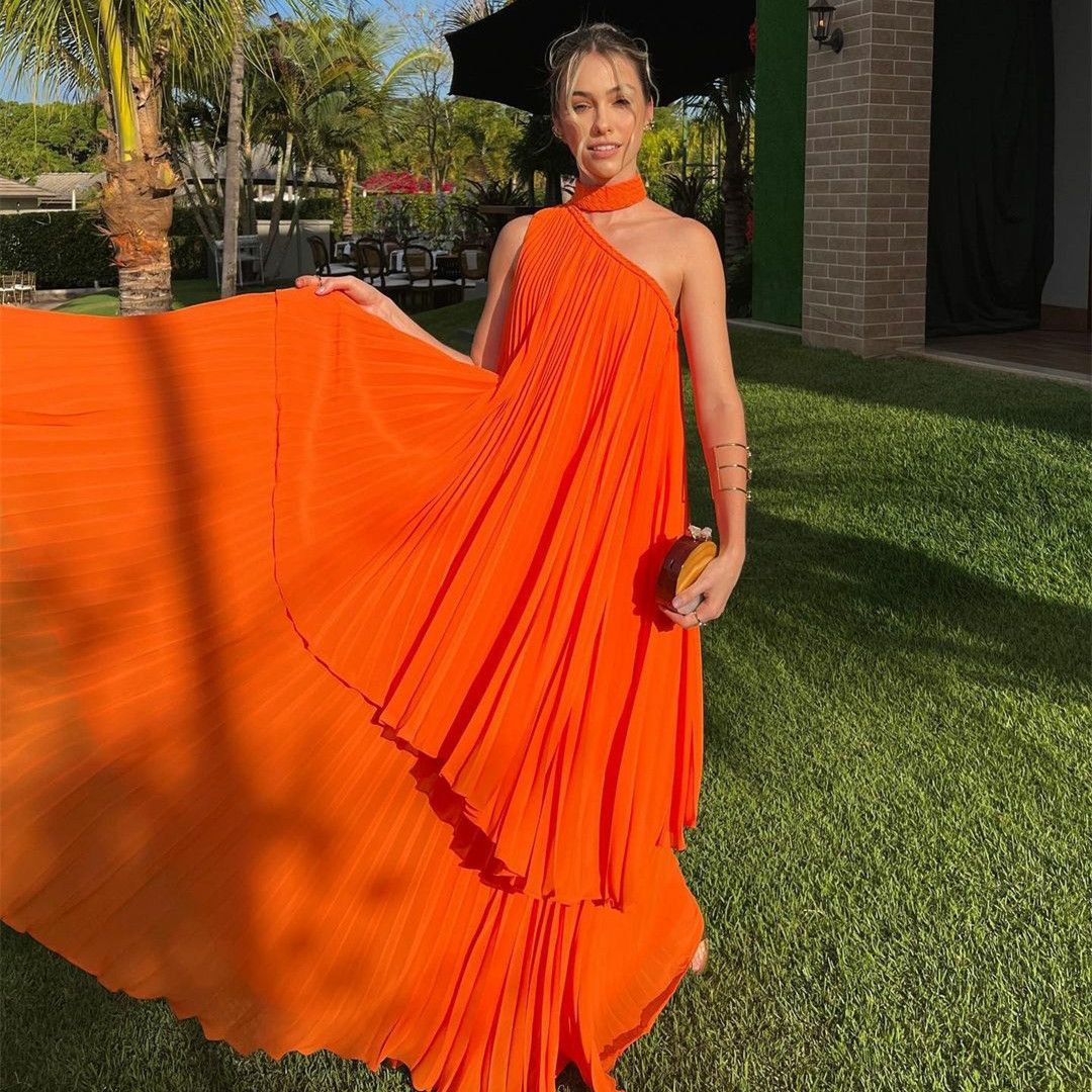 Fashion Bright Orange Irregular Pleated One-shoulder Halter Neck Chiffon Long Prom Dress Evening Dress cc4763