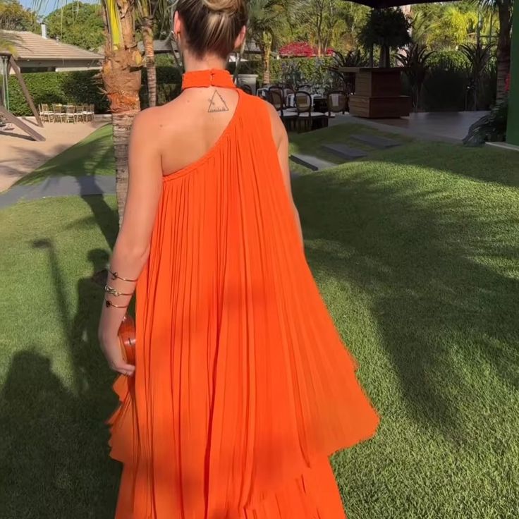 Fashion Bright Orange Irregular Pleated One-shoulder Halter Neck Chiffon Long Prom Dress Evening Dress cc4763