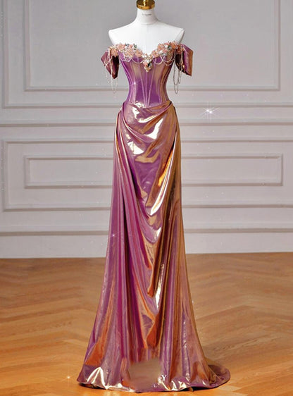 Dreamy Purple Gold Off-the-Shoulder Mermaid 3D Floral Satin Long Prom Dress Evening Dress cc5430