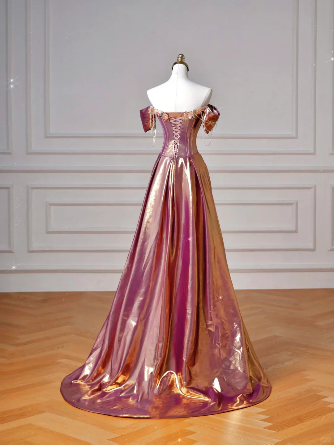 Dreamy Purple Gold Off-the-Shoulder Mermaid 3D Floral Satin Long Prom Dress Evening Dress cc5430