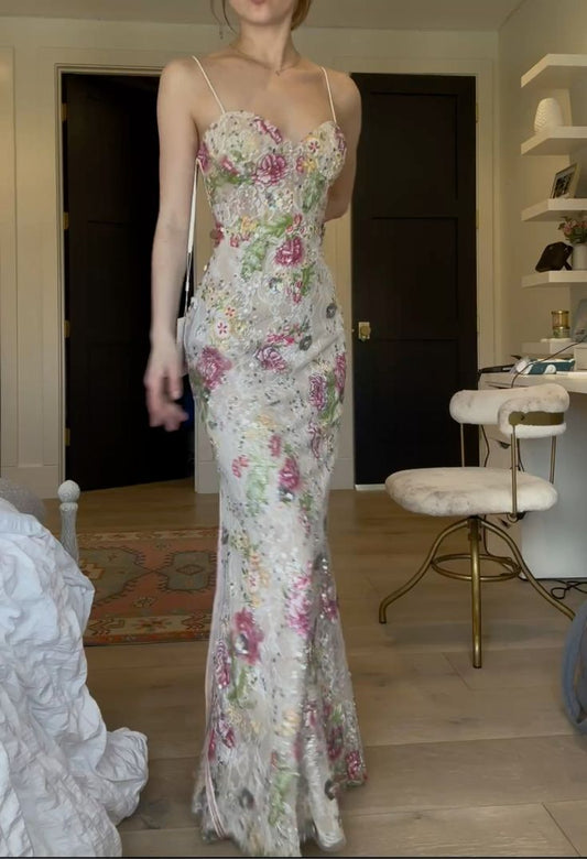 Fresh White Base Print Mermaid Spaghetti Strap Sequin Lace Tulle Long Prom Dress Evening Dress cc5433