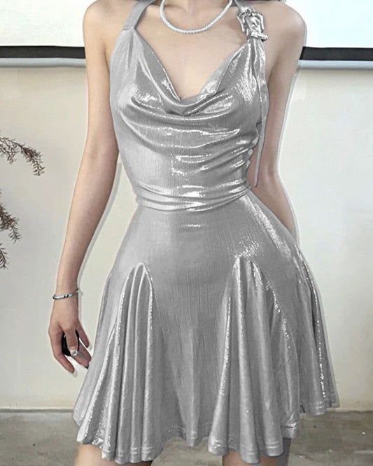 Gorgeous Silver Flared Collar Shiny Halter Neck Mini Short Birthday Dress Homecoming Dress cc4636
