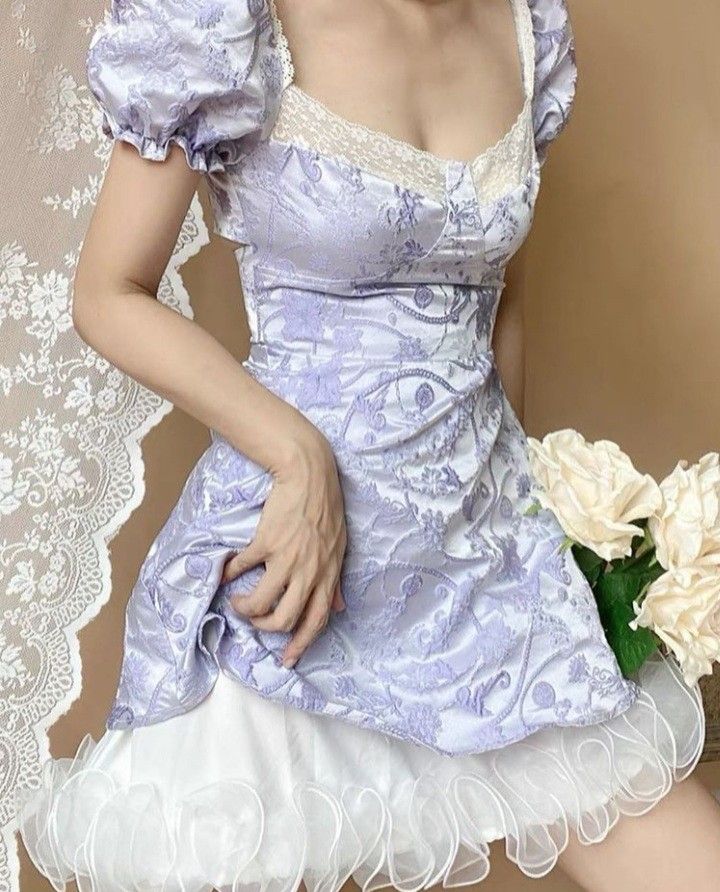 Retro Sweet Lavender Lace Puff Sleeves White Mesh Ruffle Jacquard A-line Short Birthday Dress Homecoming Dress cc4638