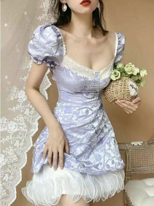 Retro Sweet Lavender Lace Puff Sleeves White Mesh Ruffle Jacquard A-line Short Birthday Dress Homecoming Dress cc4638