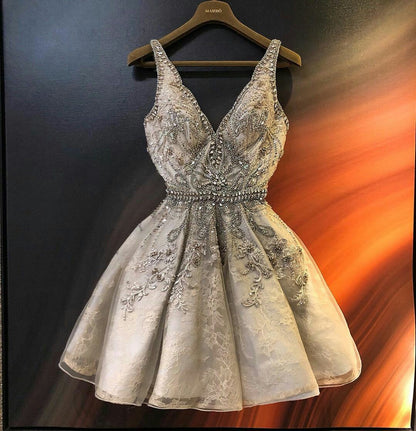 Gorgeous And Elegant Silver-gray V-neck Rhinestone Lace Embroidery A-line Birthday Party Homecoming Dress cc4643