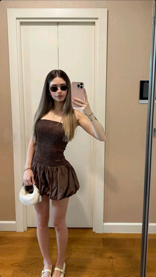 Simple Brown Tube Top Slim Waist Flower Bud 17th Birthday Homecoming Dress cc4646