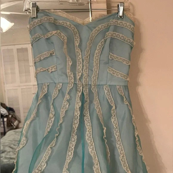 Sweet Retro Light Blue Tube Top White Lace Pattern Waist A-line Birthday Party Homecoming Dress cc4648