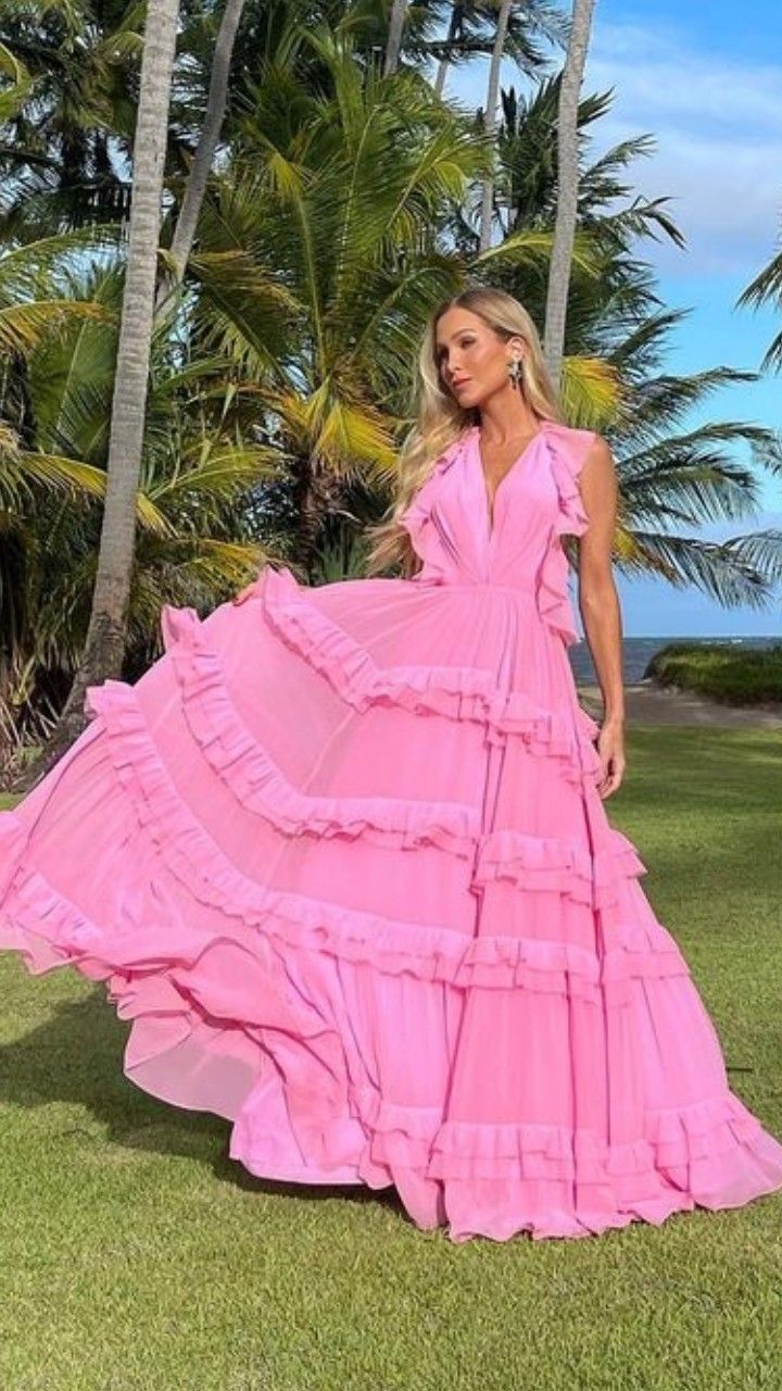 Elegant Pink A-line Tiered Ruffled Deep V Backless Chiffon Long Prom Dress Evening Dress cc4765