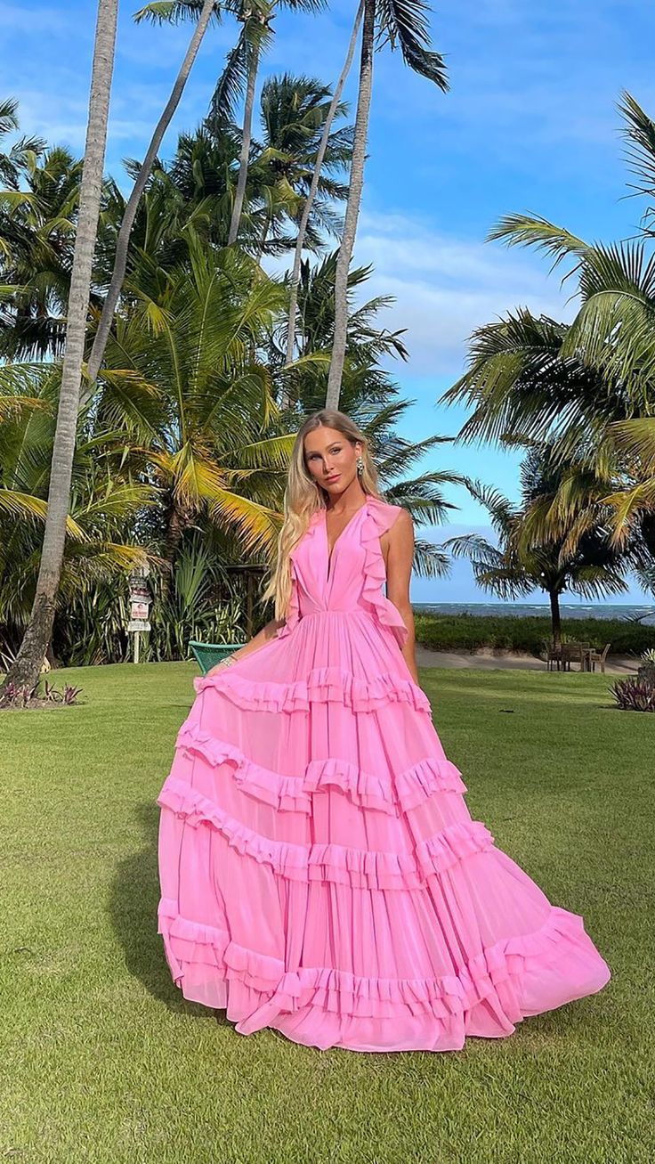 Elegant Pink A-line Tiered Ruffled Deep V Backless Chiffon Long Prom Dress Evening Dress cc4765