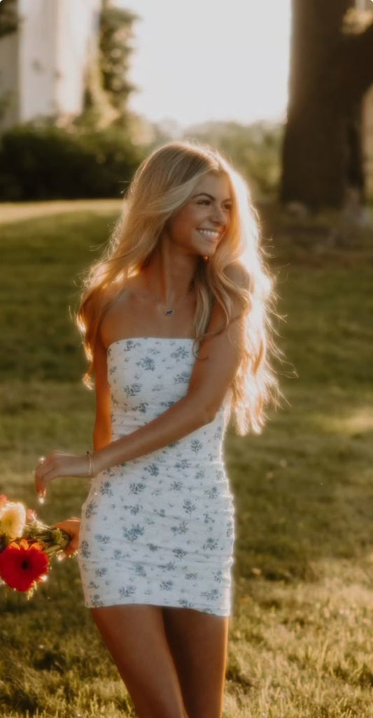 Sweet White And Blue Floral Tube Top Slim Hip 17th Birthday Homecoming Dress cc4651