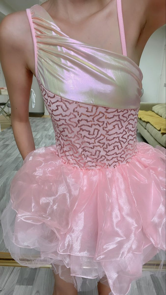 Dreamy Pink One-shoulder Sequined Multi-layered Tulle Mini Short Birthday Dress Homecoming Dress cc4653