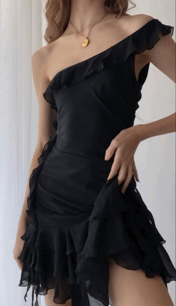 Elegant Black One-shoulder Ruffled Irregular Waist Chiffon Short Birthday Dress Homecoming Dress cc4654