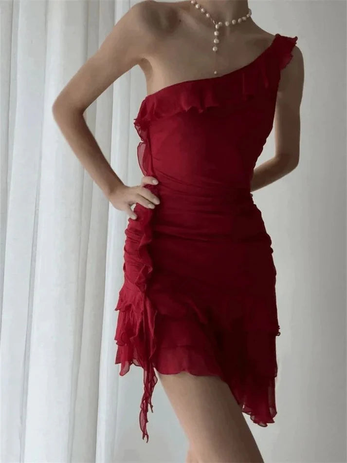 Elegant Black One-shoulder Ruffled Irregular Waist Chiffon Short Birthday Dress Homecoming Dress cc4654