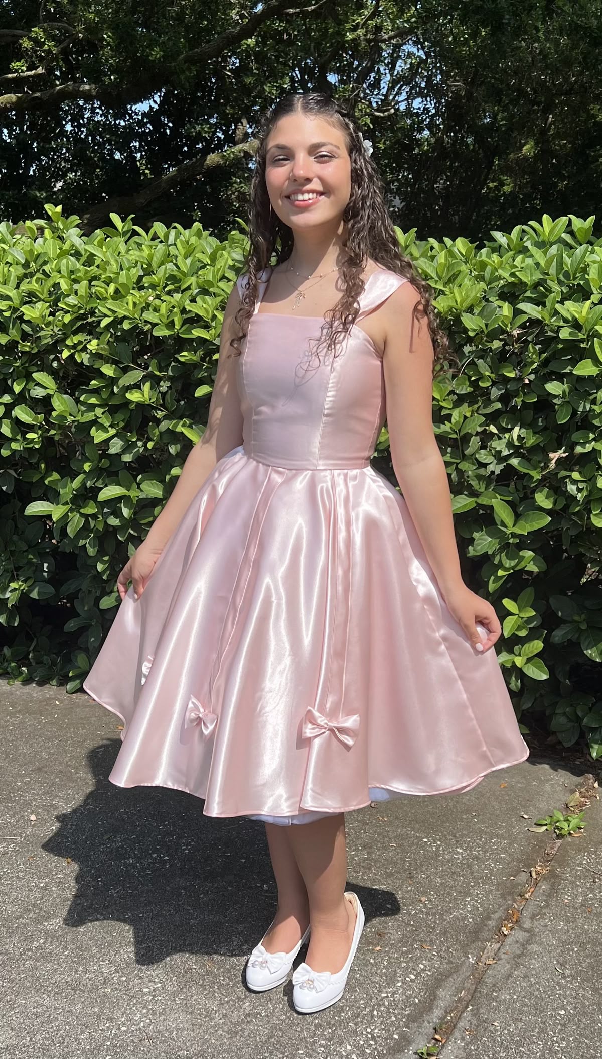 Sweet Light Pink Square Neck Bow Waist A-line Satin Birthday Party Homecoming Dress cc4656