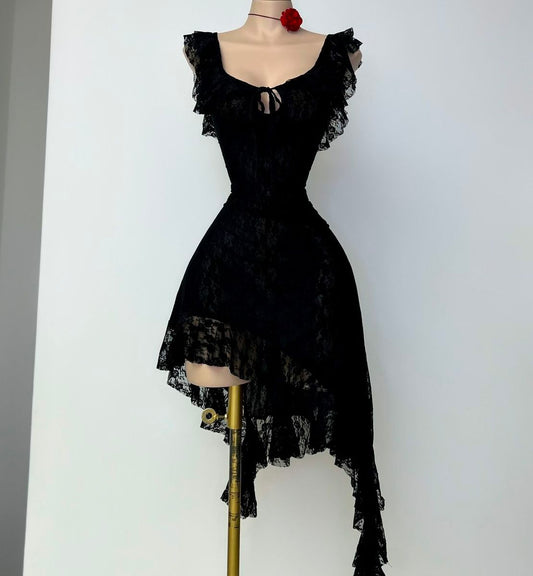 Elegant Black Lace Ruffle Lace Irregular Birthday Party Homecoming Dress cc4659