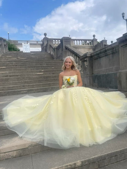 Sweet Yellow A-line Tube Top Embroidered Tulle Long Prom Dress Evening Dress cc4766