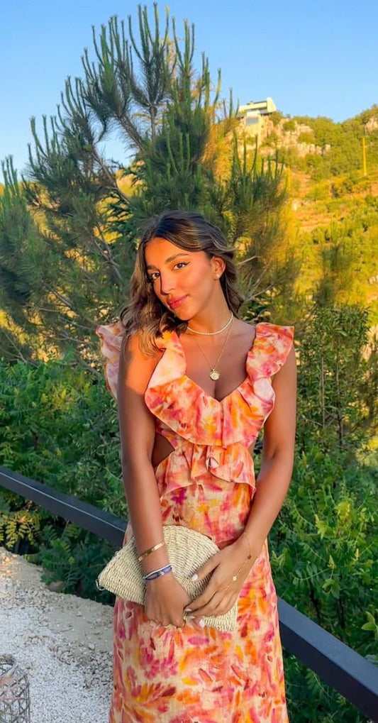 Beautiful Orange-pink Printed Mermaid V-neck Ruffled Backless Long Prom Dress Evening Dress cc4767