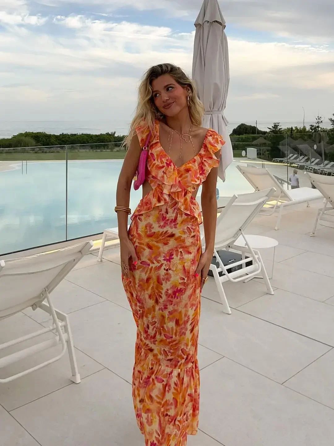 Beautiful Orange-pink Printed Mermaid V-neck Ruffled Backless Long Prom Dress Evening Dress cc4767