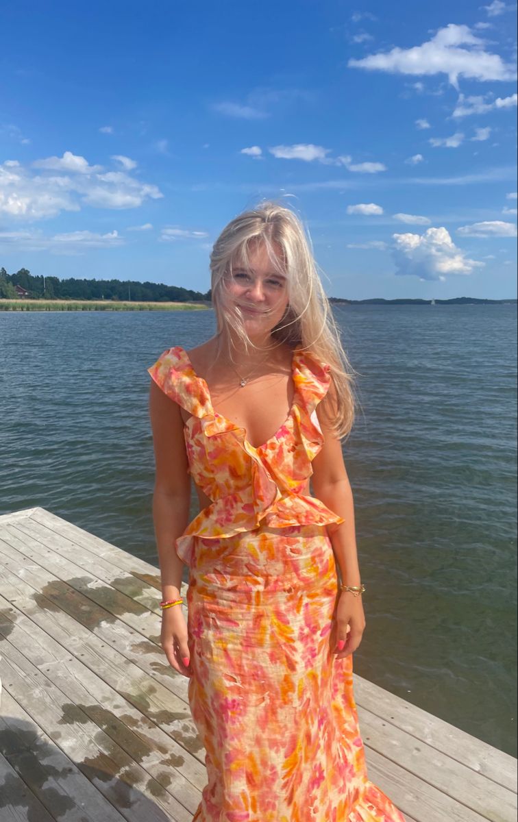 Beautiful Orange-pink Printed Mermaid V-neck Ruffled Backless Long Prom Dress Evening Dress cc4767