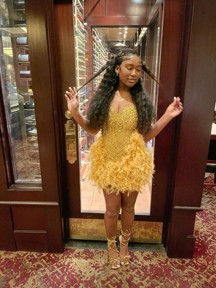 Gorgeous Gold V-Neck Sequin Feather Birthday Party Homecoming Dress cc4672