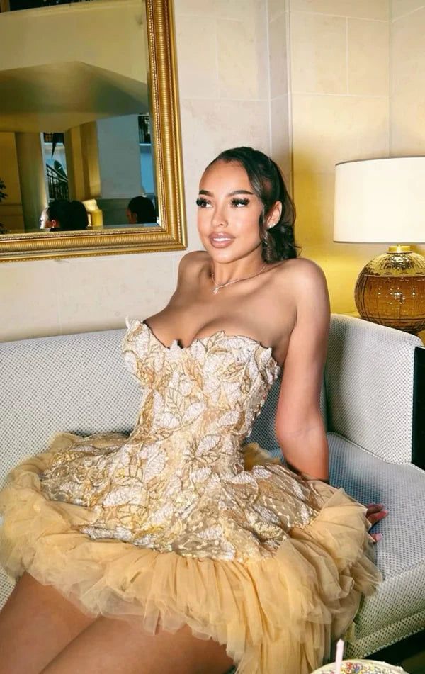 Gorgeous Golden Three-dimensional Floral Leaves Multi-layered Tulle Fluffy Birthday Party Homecoming Dress cc4673