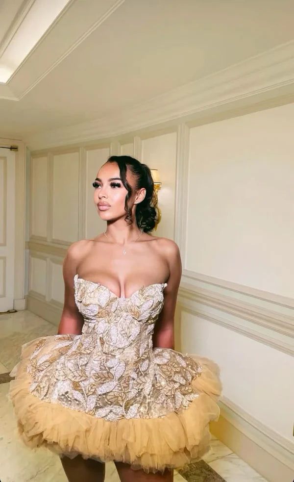 Gorgeous Golden Three-dimensional Floral Leaves Multi-layered Tulle Fluffy Birthday Party Homecoming Dress cc4673