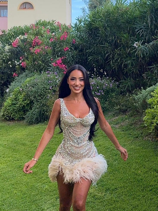 Gorgeous And Sparkling Silver-white Diamond Feather Slim Birthday Party Homecoming Dress cc4674