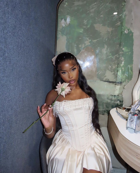 Elegant Ivory Tube Top Tassel Corset Satin Pleated 17th Birthday Homecoming Dress cc4676