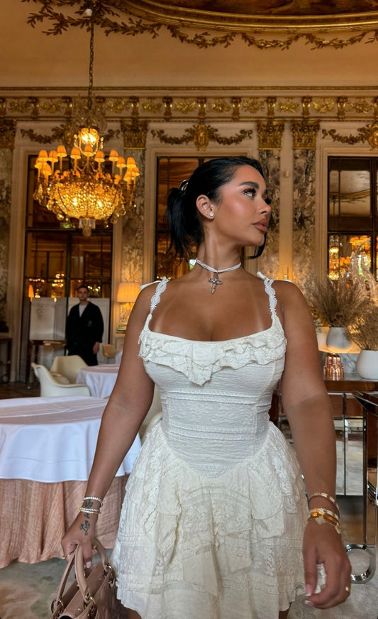 Sweet And Elegant Ivory Square Neck Lace Multi-layered Ruffle A-line Birthday Party Homecoming Dress cc4677