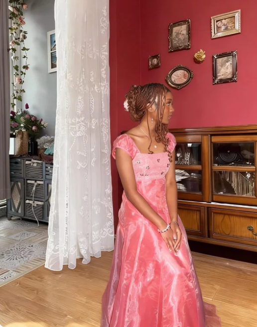 Sweet Princess Pink A-Line Square Neck Tulle Long Prom Dress Evening Dress cc5478