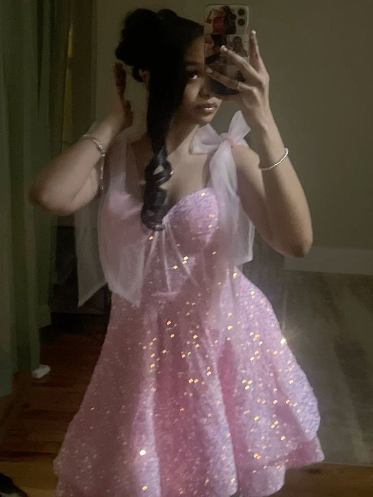 Sweet Pink Bow Strap Sequined A-Line Birthday Party Homecoming Dress cc4679