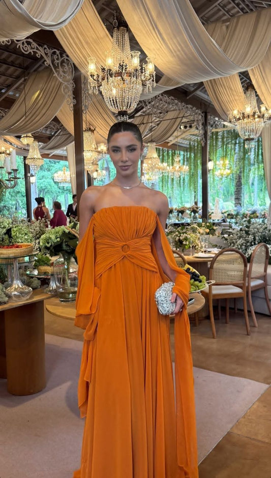 Elegant Orange A-line Strapless Crumple Chiffon Long Prom Dress Evening Dress cc4768