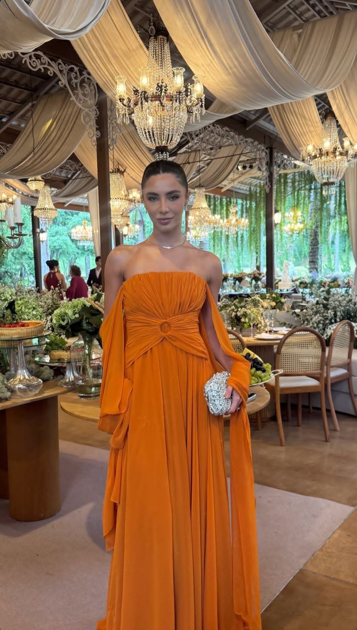 Elegant Orange A-line Strapless Crumple Chiffon Long Prom Dress Evening Dress cc4768