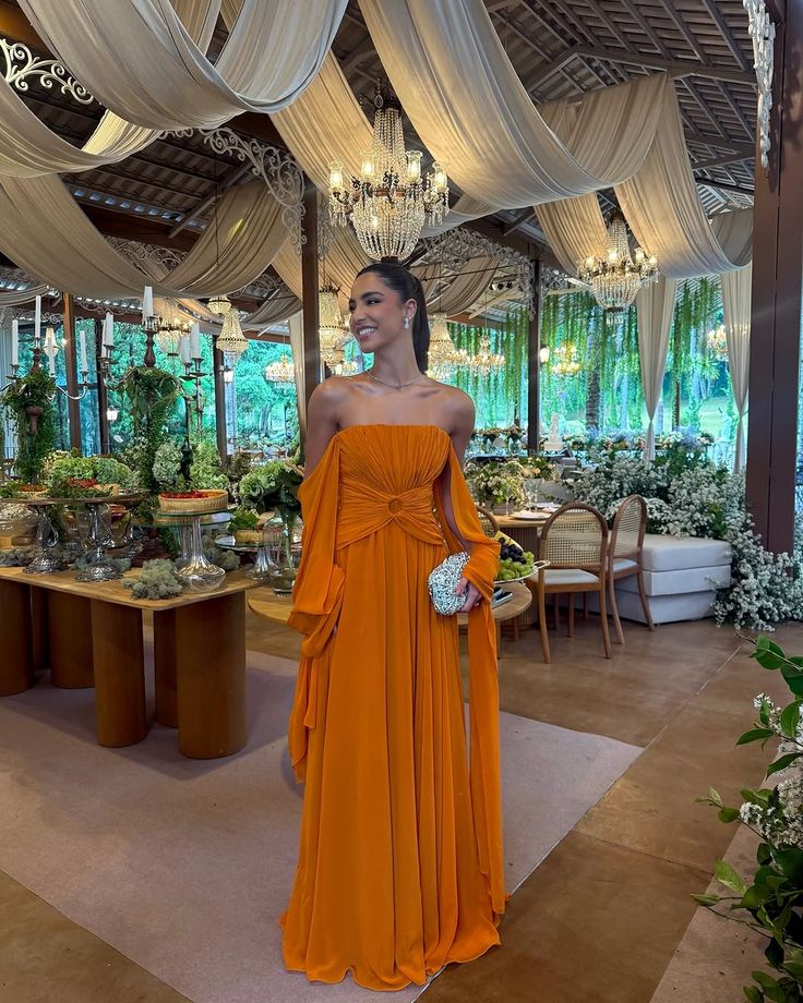 Elegant Orange A-line Strapless Crumple Chiffon Long Prom Dress Evening Dress cc4768