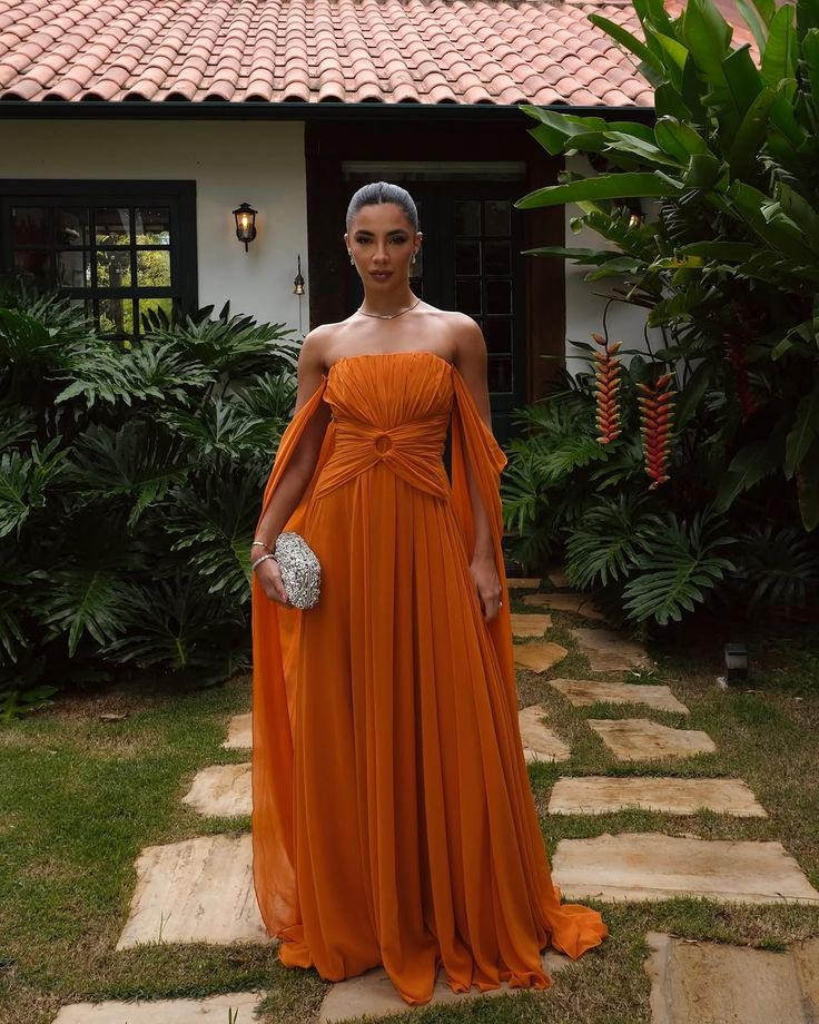 Elegant Orange A-line Strapless Crumple Chiffon Long Prom Dress Evening Dress cc4768