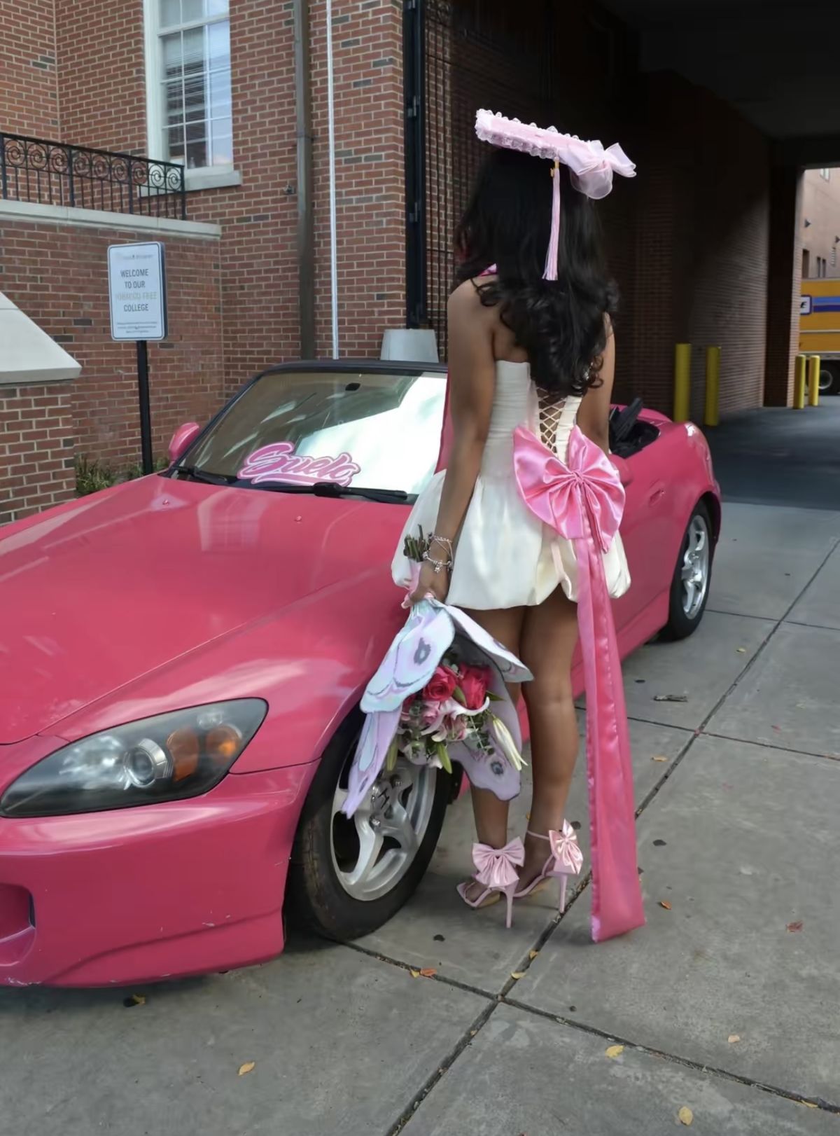 Sweet White And Pink Big Bow Long Ribbon Bud Satin Graduation Dress Homecoming Dress cc4681