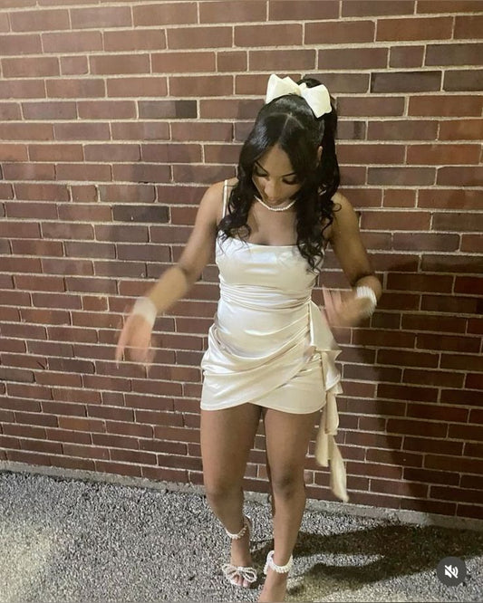 Cute Ivory Spaghetti Straps With A Slim Fit Irregular Satin 16th Birthday Homecoming Dress cc4683