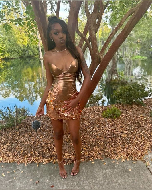 Gorgeous Metallic Gold Slim Fit Hip Sequin Birthday Party Homecoming Dress cc4684