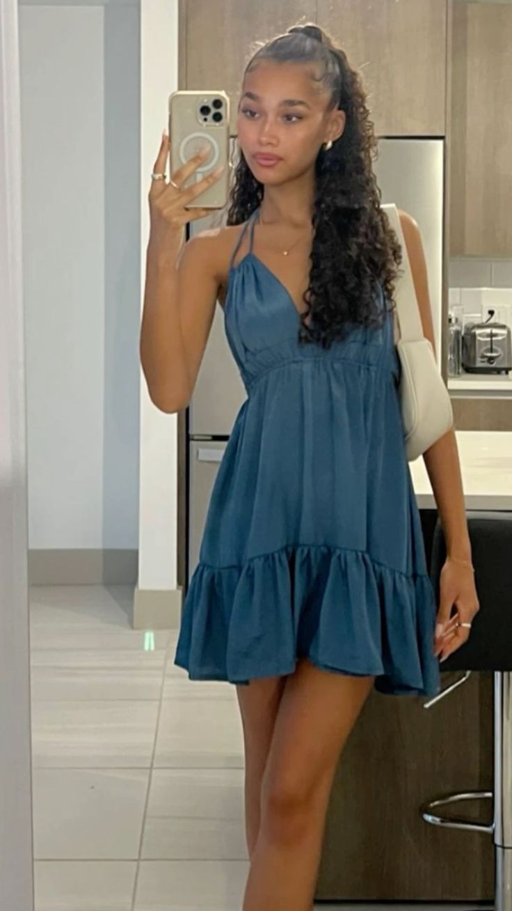 Simple Blue Deep V Strap A-Line Satin Birthday Party Homecoming Dress cc4690