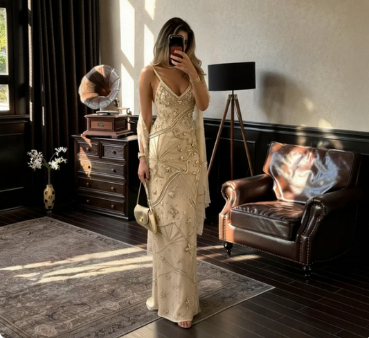 Gorgeous Champagne Gold Spaghetti Strap V-Neck Mermaid Beaded Tulle Long Prom Dress Evening Dress cc5491