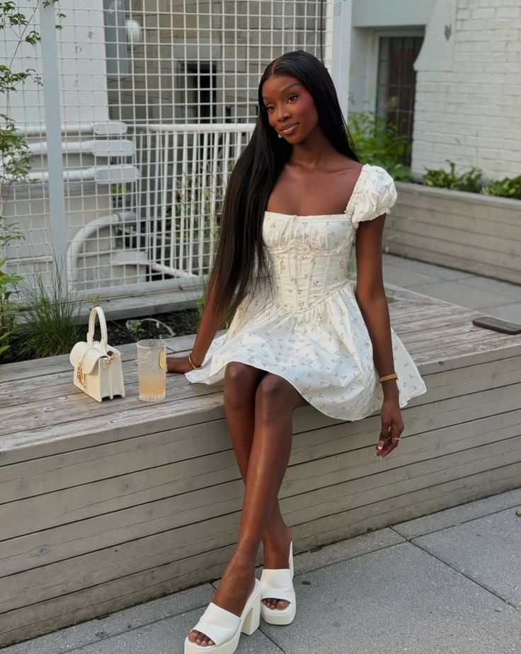 Sweet White Small Floral Puff Short Sleeve Waist A-line 16th Birthday Homecoming Dress cc4691