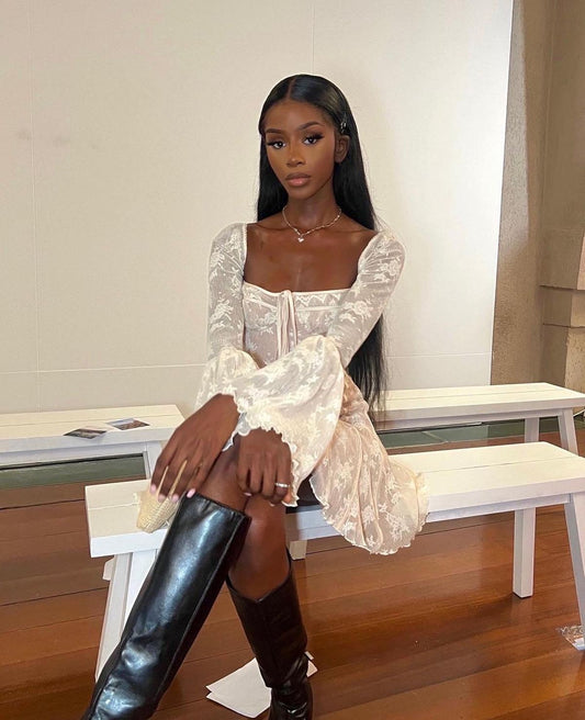 Sweet And Elegant Off-white Square Neck Flared Long Sleeve Lace Mini Birthday Party Homecoming Dress cc4692