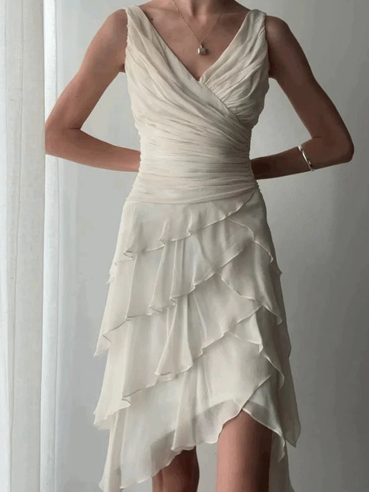 Elegant Ivory V-neck Layered Waist Pleated Irregular Chiffon Ruffle Birthday Party Homecoming Dress cc4697